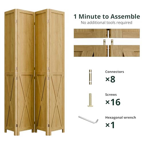 Cozy Castle Wood Room Divider, 4 Panel 66.9 Inch Privacy Screen, Folding Wall Divider, Barnwood Room Separator, Freestanding Partition