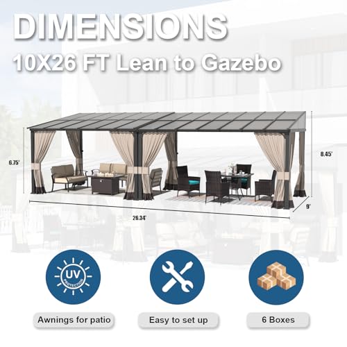 10' x 28' Gazebo,Outdoor Pergola Large Wall-Mounted hardtop Lean to Gazebo with Sloped Roof and Double Curtains & Netting,Awnings for Patio,Backyard