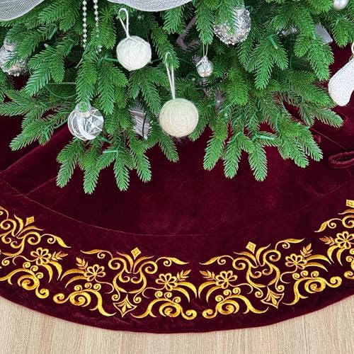 72-Inch Victorian Velvet Christmas Tree Skirt with Gold Damask Embroidery and Plush Lace Ties, Burgundy