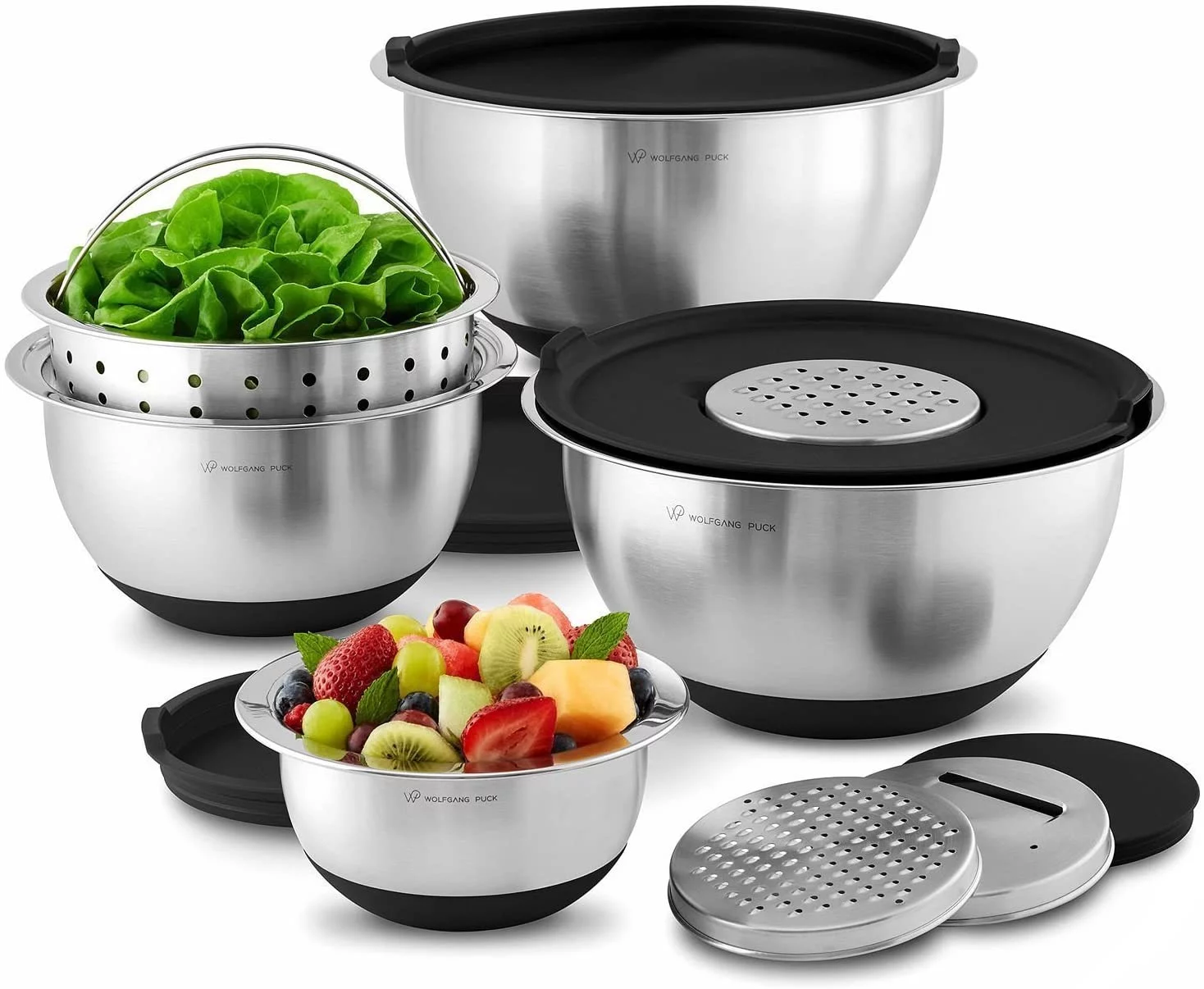 Wolfgang Puck 12-Piece Stainless Steel Mixing Bowl Set, Silicone Grip Bottom, Black - Curated Treasures Market