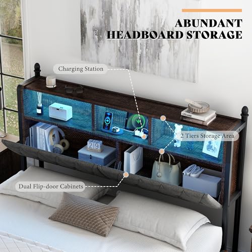 AMERLIFE Full Size Bed Frame with Bookcase Headboard, 4 Storage Drawers, Wooden Platform Bed with Charging Station & LED Light, No Box Spring Needed