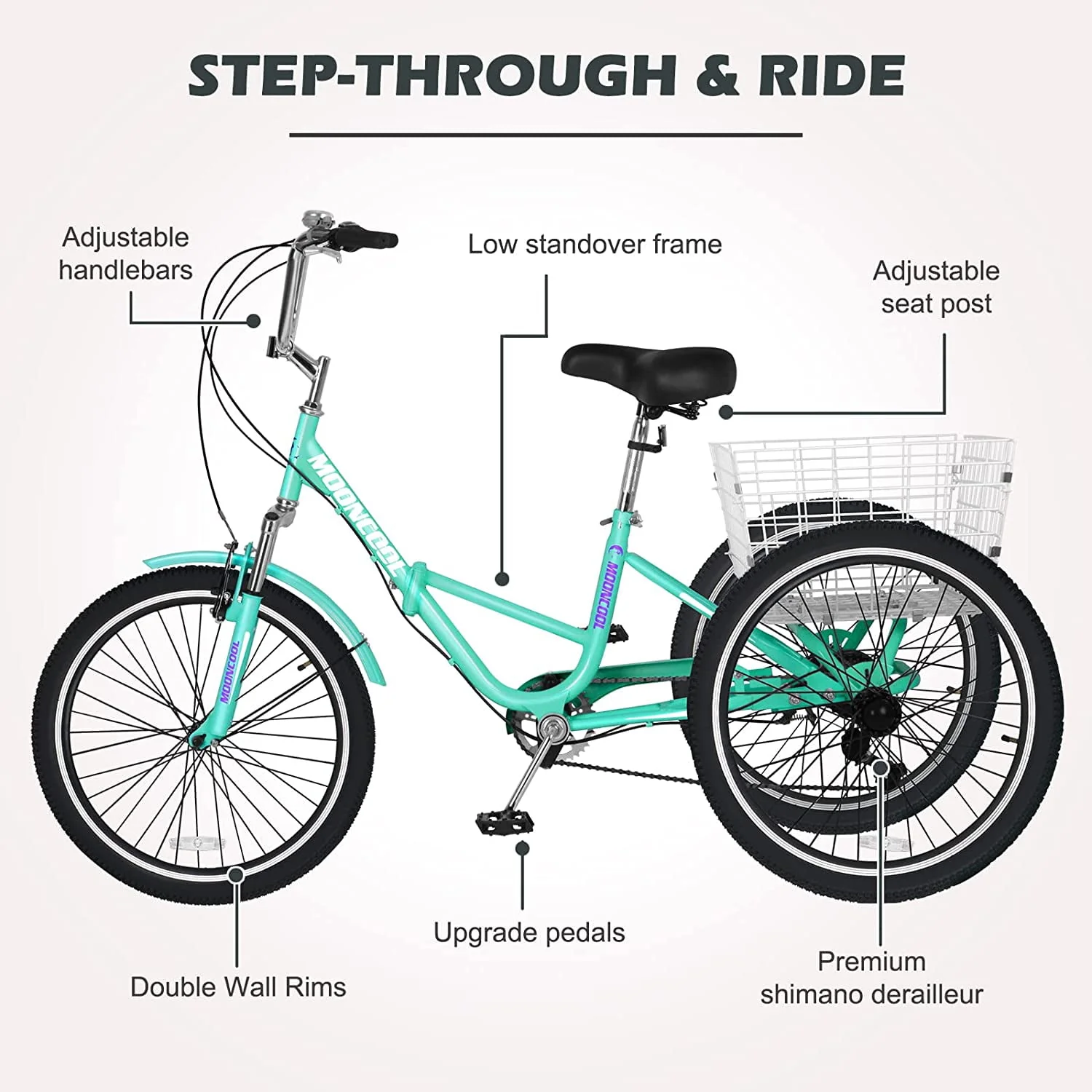MOONCOOL Adult Folding Tricycle for Adults, 7 Speed 20/24/26 inch 3 Wheels Bikes with Basket, Foldable Tricycle for Adults, Women, Men, Seniors