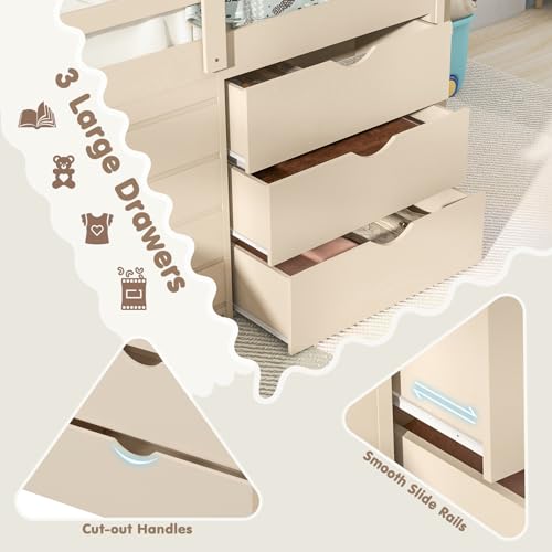 KOMFOTT Twin Low Loft Bed with 3 Storage Drawers & Underneath House, Wood Loft Bed with Slide, Ladder, Guardrails & Under-Bed Play Space