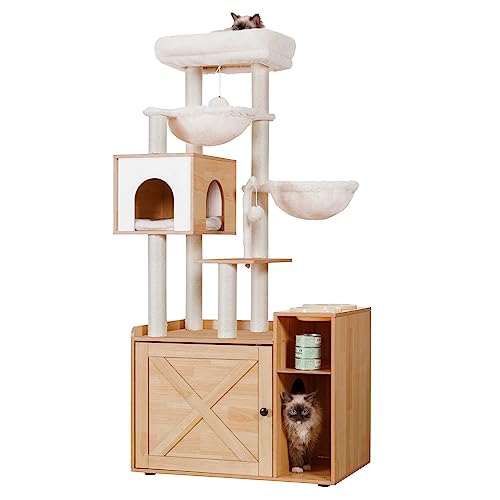 Hey-brother Cat Tree with XL Litter Box Enclosure, All-in-one Cat Tower for Indoor Cats with Large Hammock, Bed, Food Station, Scratching Posts