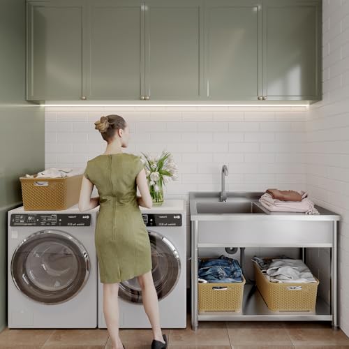 Stainless Steel Utility Sink, Large Freestanding Laundry Sink with Pull-out Faucet for Kitchen, Bathroom, Laundry Room, Garage, Outdoor/Indoor Use