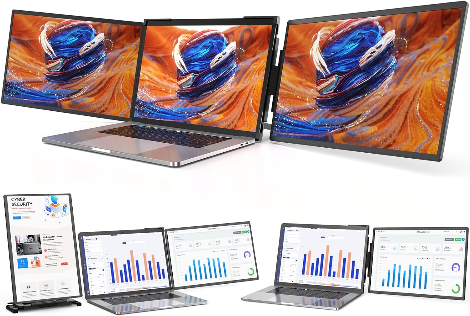 L LIMINK ET14 PRO Portable Triple Monitor for 13.3-16 Inches Laptops, 14" FHD 1200P Triple Detachable Screen Laptop Extender