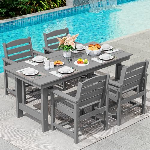 SERWALL Outdoor HDPE Dining Table Set, 7-Piece Outdoor Dining Table Sets with Umbrella Hole Cut-Out Table and 6 Chairs, Gray