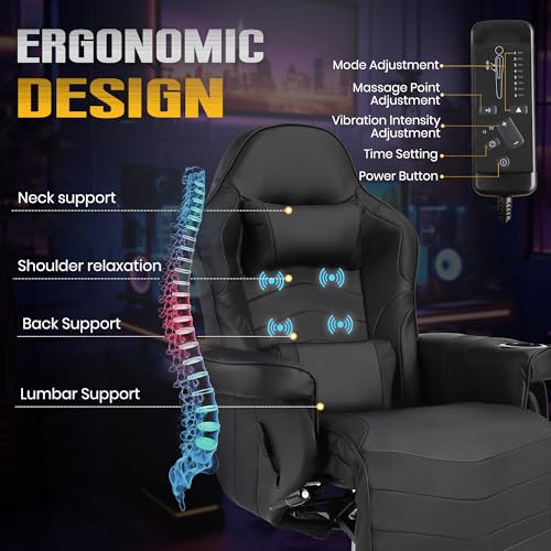 Massage Gaming Recliner Chair with Cup Holder & Side Pockets – Ergonomic PU Leather Video Gaming Chair with Footrest, Manual Recline