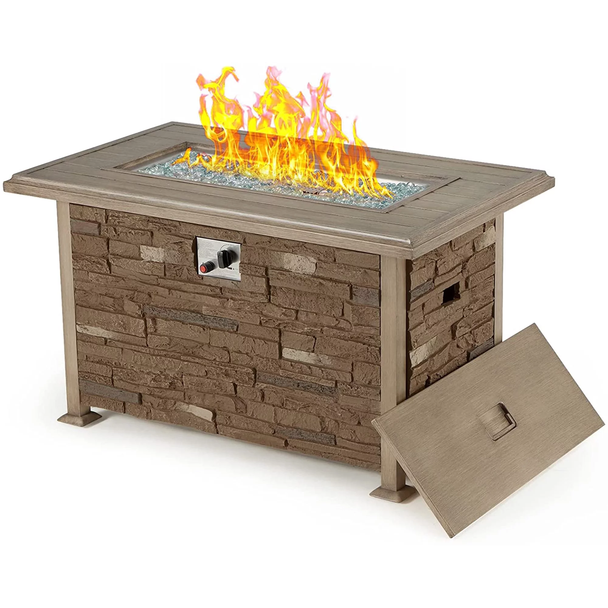 Vicluke 44 inch Aluminum Propane Fire Pit Table with Faux Ledgestone, Hand-Painted Table Top, 50,000 BTU Gas Fire Table with CSA Certification