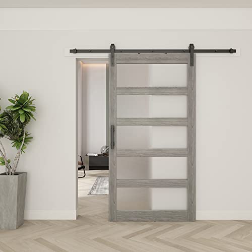 BARNSMITH 42in x 84in Glass Barn Door with 7FT Sliding Door Hardware Kit Included & Handle