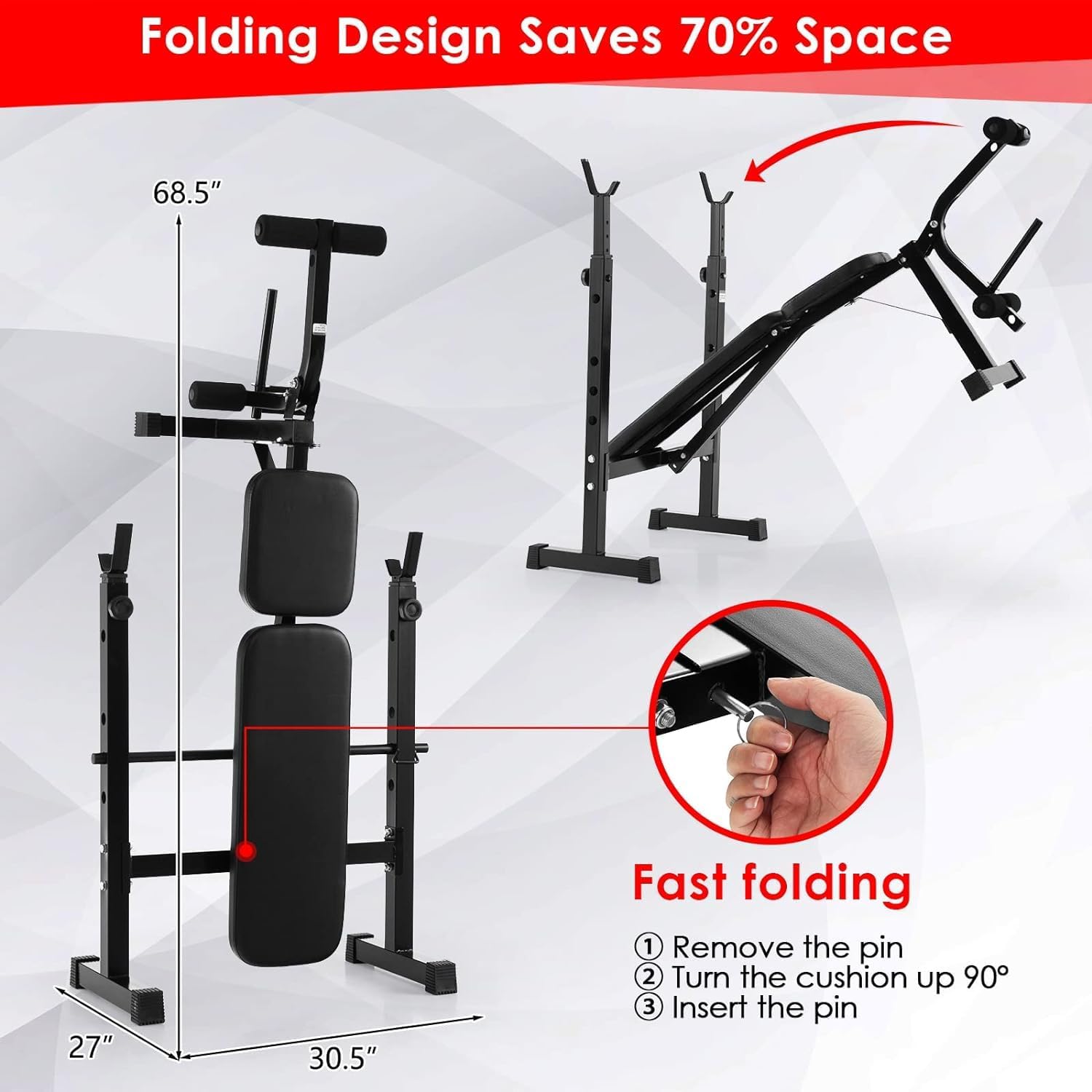 GYMAX Adjustable Weight Bench, Foldable Weight Bench with Squat Racks, Leg Extension & Leg Curl, Strength Training Workout Bench Press