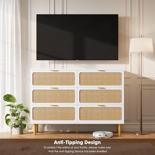 Rattan 5 Drawer Dressers for Bedroom, Tall Dresser with Deep Drawers, Large Chest of Drawers for Closet with Wide Top