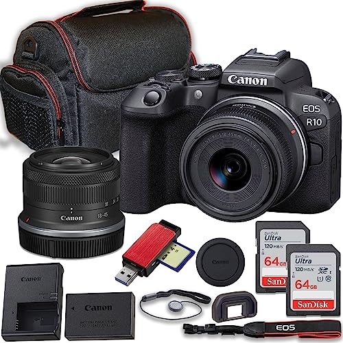 Canon EOS R10 Mirrorless Camera with Canon RF-S 18-45mm f/4.5-6.3 is STM Lens + 2X 64GB Memory Cards + Accessories Including: Case