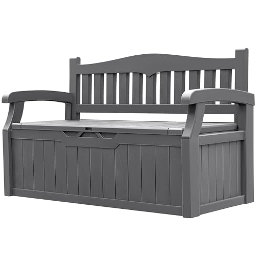 Greesum 80 Gallon Outdoor Storage Bench, Resin Patio Furniture with Armrest,Waterproof and UV-Resistant, Perfect to Garden, Poolside and Lawn