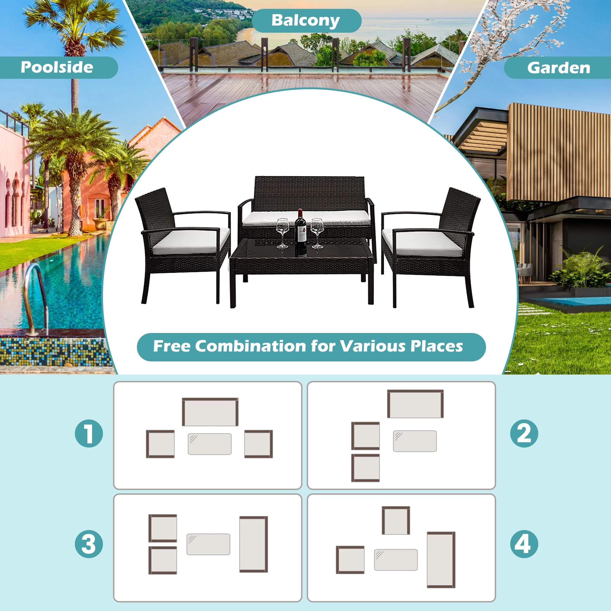 Patio Furniture Set ON SALE, Seizeen 4 Pieces Outdoor Rattan Patio Conversation Set, Cushioned Sofa and Coffee Table Deck Porch Furniture for 4, Brown