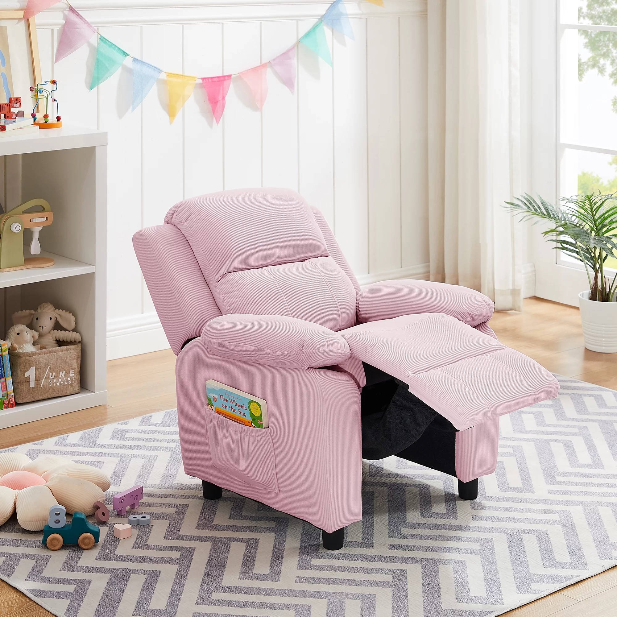 Ulax Furniture Kids Recliner Chair Adjustable Kids Lounge Recliner Couch with Footrest, Storage Arms, Side Pockets for Girls Boys, Pink