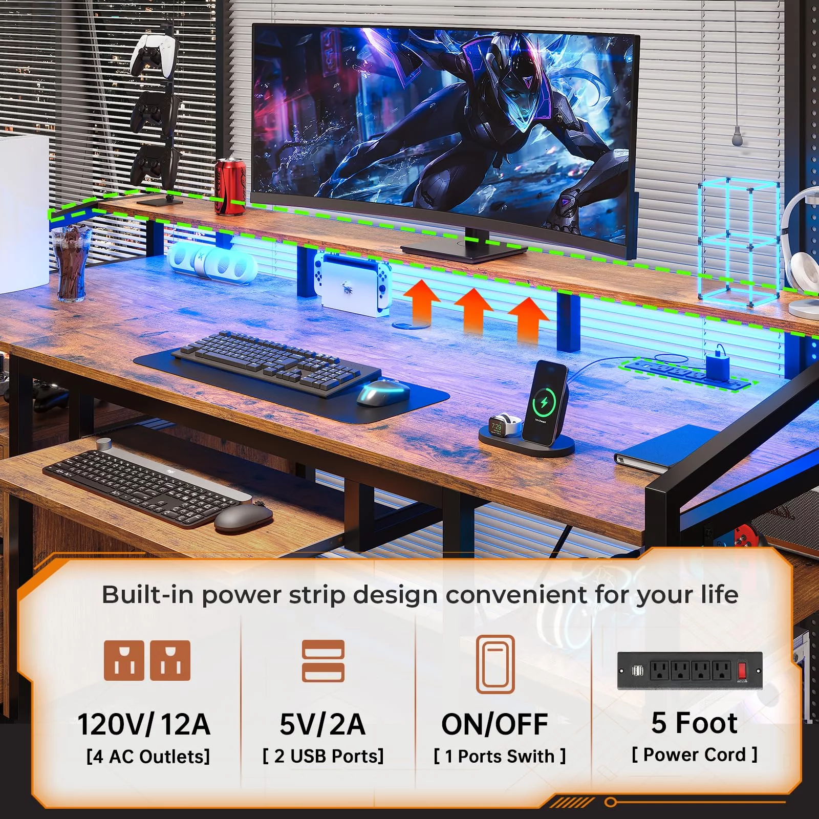 Computer Desk with LED Light and Power Outlet, 63 inches Gaming Desk with Lock Drawers for Legal/Letter File, Rustic Brown