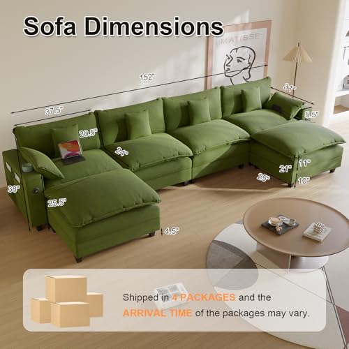 Modular Sectional Sofa, Cloud Couch with Ottoman, Charging Station, Throw Pillows, Cup Holders, Modern Convertible U Shaped Couches for Living Room