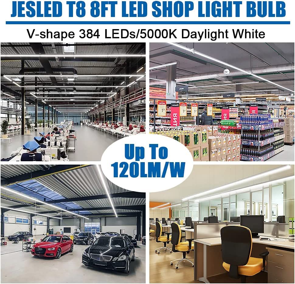 JESLED T8/T10/T12 8FT LED Tube Light, Single Pin FA8 Base, 50W 6000LM 5000K Daylight White, 270 Degree V Shaped LED Fluorescent Bulb (130W Equiv.)