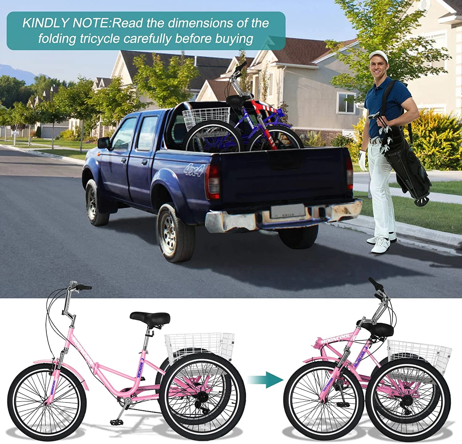 MOONCOOL Adult Folding Tricycle for Adults, 7 Speed 20/24/26 inch 3 Wheels Bikes with Basket, Foldable Tricycle for Adults, Women, Men, Seniors