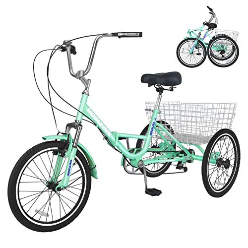 Adult Folding Tricycles Folding Bikes, 7 Speed 20/24/26 Inch 3 Wheel Adult Trikes Cruiser Bike with Large Basket, Foldable Tricycle for Adults, Women