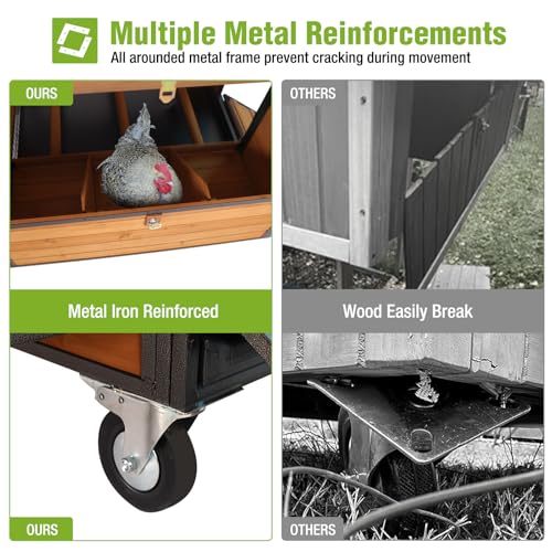 GUTINNEEN Mobile Chicken Coop Upgraded with All Arounded Metal Frame Large Hen House with Super Large Wheels for 6&ndash;8 Chickens, 6 Nesting Boxes