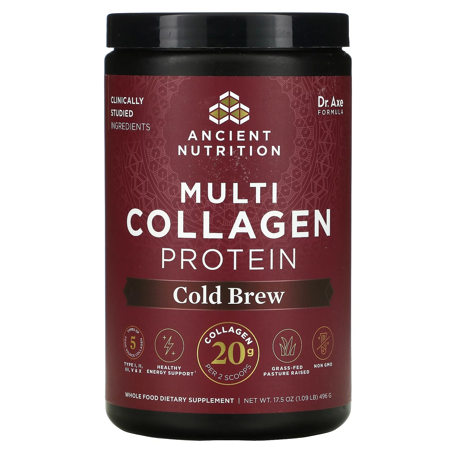 Dr. Axe / Ancient Nutrition, Multi Collagen Protein, Cold Brew, 1.09 lb (496 g) Pack of 3