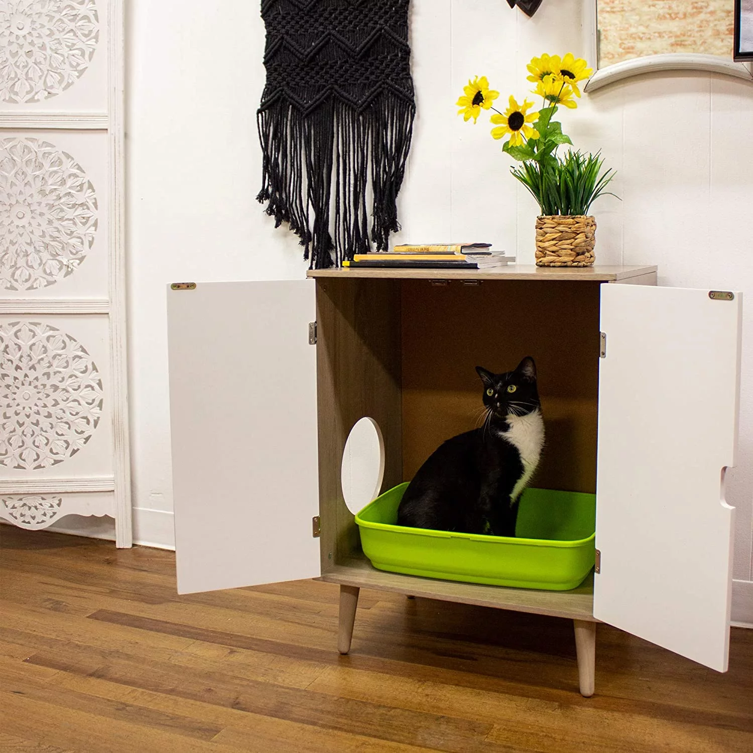 Penn-Plax Cat Walk Furniture: Contemporary Home Cat Litter Hide-Away Cabinet &ndash; Grey Wood Grain with White Doors