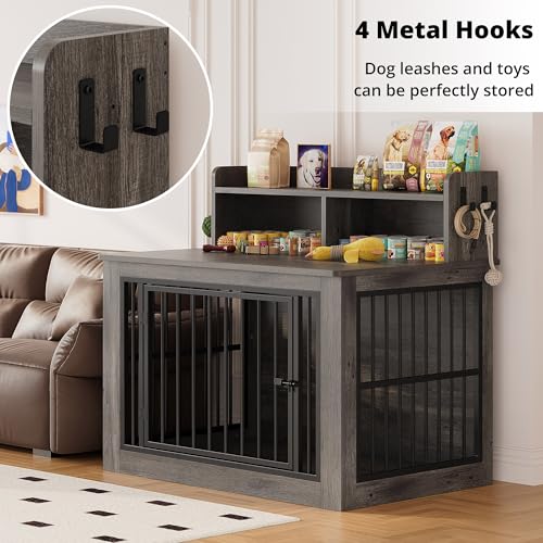 IRONCK Extra Large Dog Crate Furniture, 43.3 inches Wooden Dog Crate with Storage and 4 Hooks, Heavy Duty Pet Crate for Large Dog