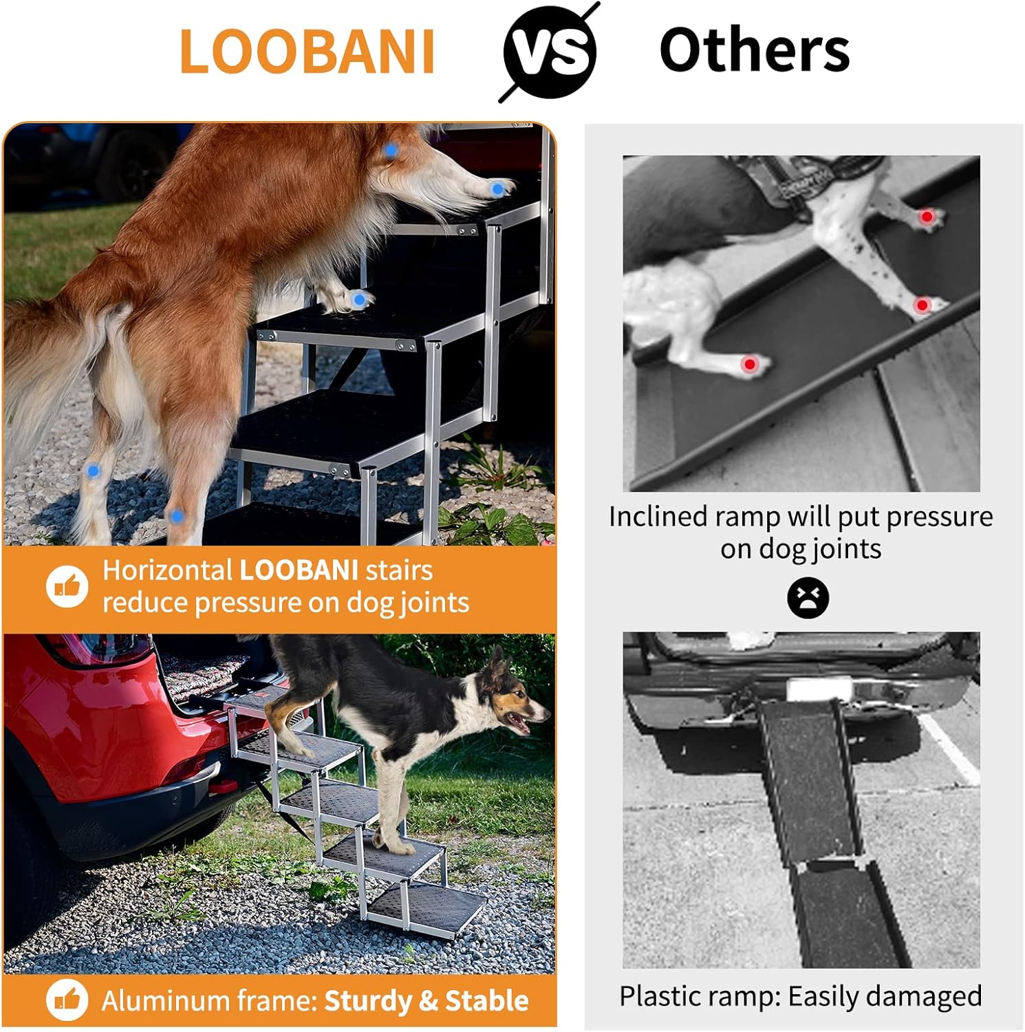 Dog Car Ramp for Large Dogs, LOOBANI Lightweight Dog Stairs Support up to 200lbs, Folding Agility Dog Ramp with Increased Nonslip Surface