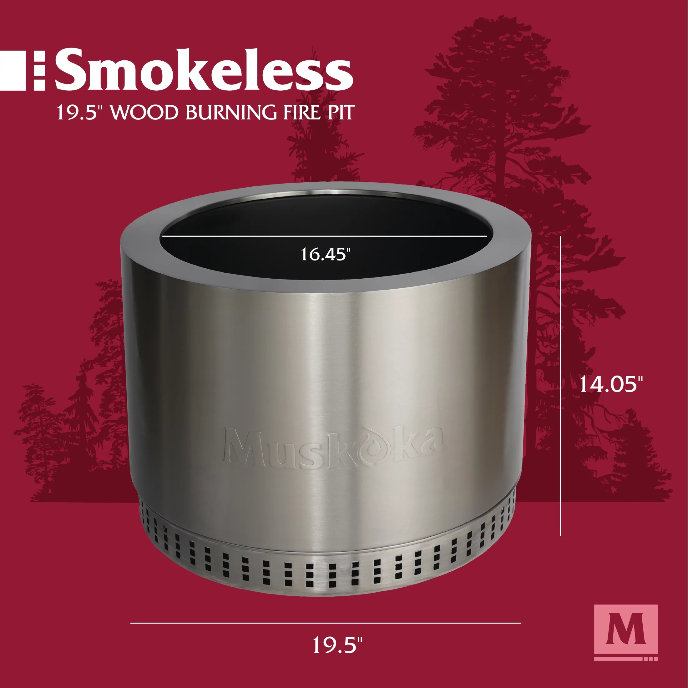 Muskoka 19.5 Stainless Steel Smokeless Wood Burning Fire Pit with Protective Cover