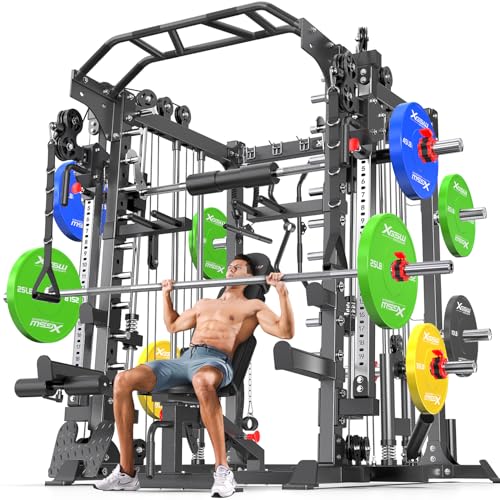 Power Cage Smith Machine Power Rack Multifunctional Deep Squat Rack Cable Crossover System Selectable More Training Attachment for Garage & Home Gym
