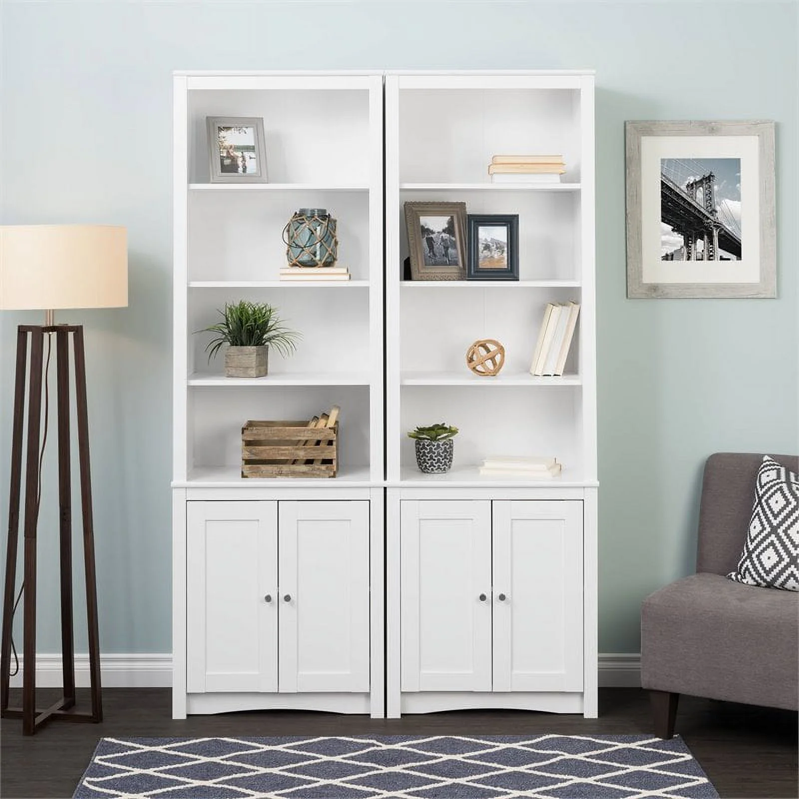 Prepac Tall 6 Shelf Bookcase with 2 Shaker Doors, White