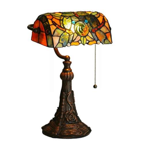 Tiffany Lamp Stained Glass Table Lamp for Living Room Side Dragonfly Piano Lamp Small 15.5" Tall Bedroom Bedside Table Lamp Chain Switch Banker's