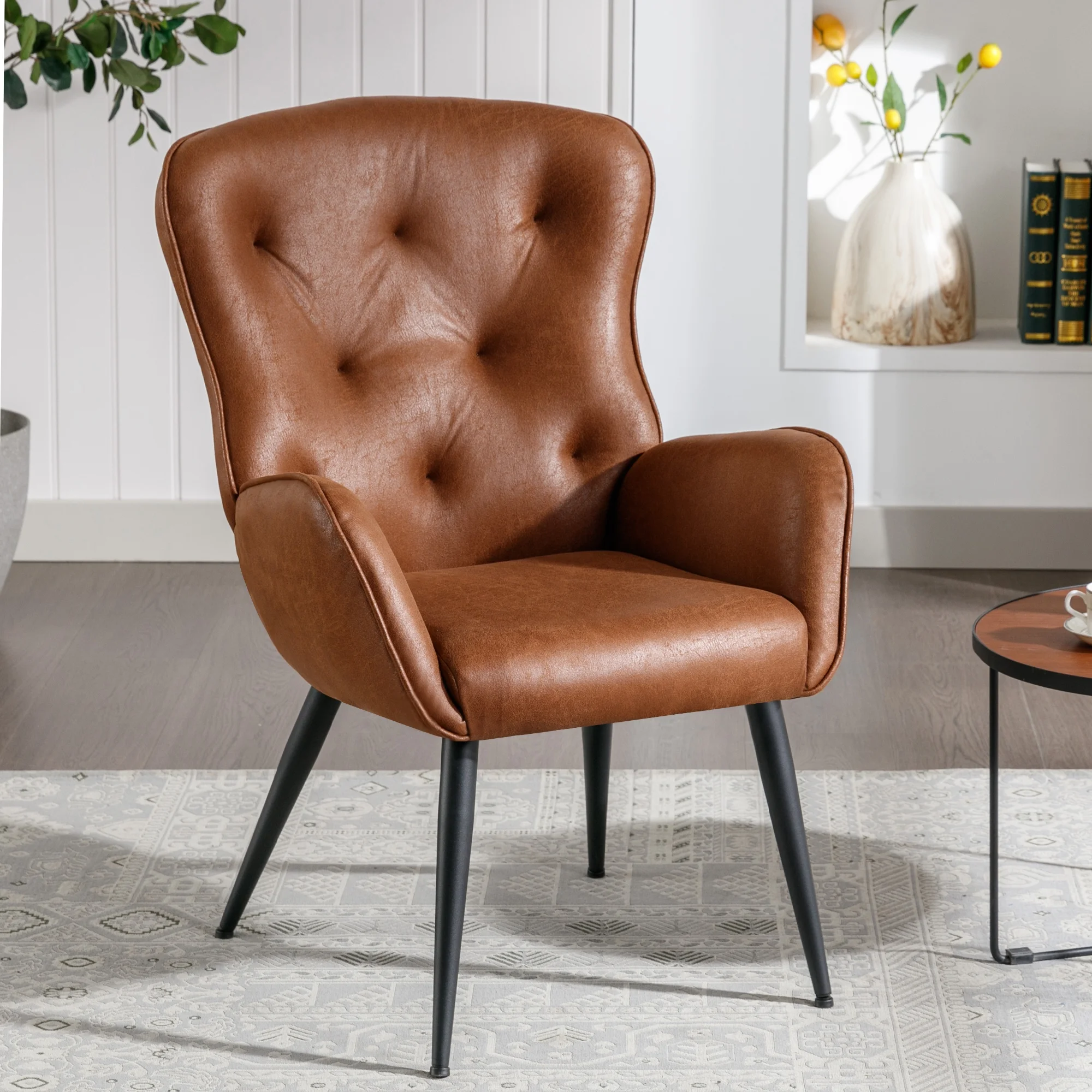 BFZ Faux Leather Accent Chair with High Back Design, Armchair with Metal Legs in Modern Style, Comfy Upholstered Wingback Chair for Living Room
