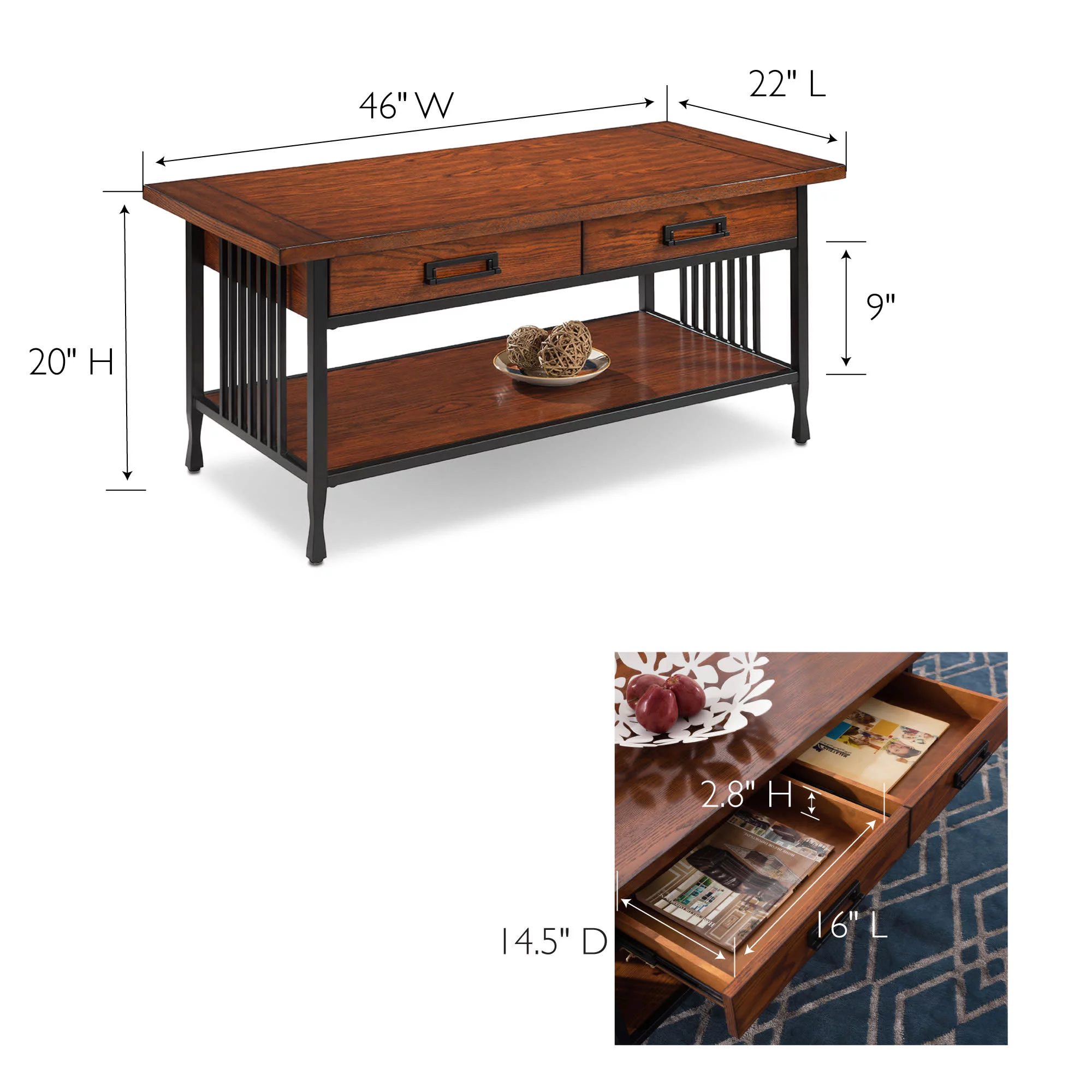 Leick Home 11204 Ironcraft Two Drawer Rustic Coffee Table with Shelf, Mission Oak and Black