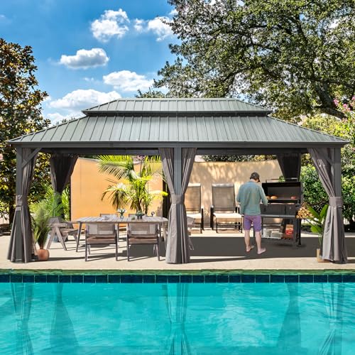 Domi 10’ x 10’ Hardtop Gazebo Metal Frame Canopy with Netting & Curtains