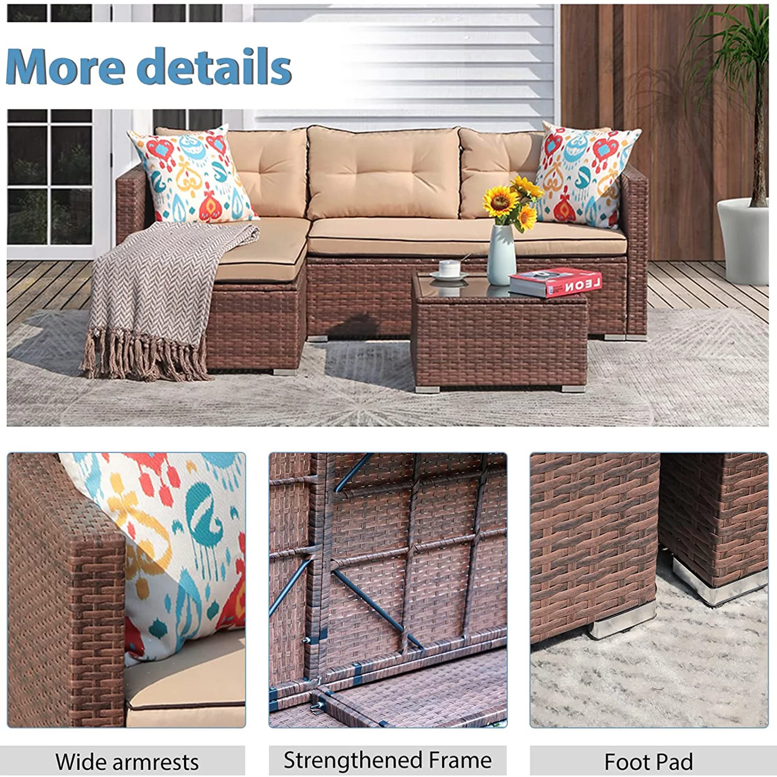 Patio Furniture Set with 28" Fire Pit Table, 4 Piece Outdoor Small Sectional Sofa Wicker Conversation Set with Tempered Glass Coffee Table, 40