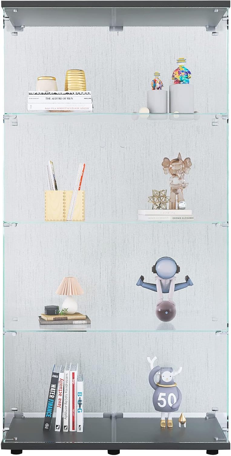 4-Shelf Glass Display Cabinet with Double Door, Fast Installation in 30 Mins, Curio Cabinets 5mm Tempered Glass Floor Standing Bookshelf for Bedroom