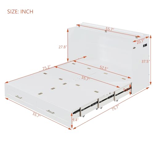 Harper & Bright Designs Queen Size Murphy Wall Bed, Chest Cube Cabinet With USB, Charging Station and Large Storage Drawer for Home Office