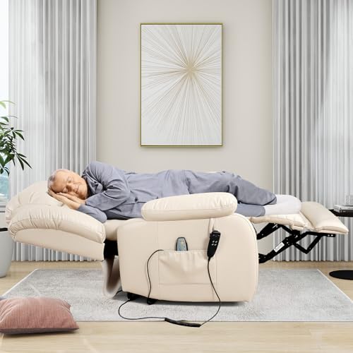 EDILLY Large Genuine Leather Power Lift Recliner Chairs for Elderly, Dual Motor with Massage and Heating,Double Lumbar Cushion and Extended Footrest