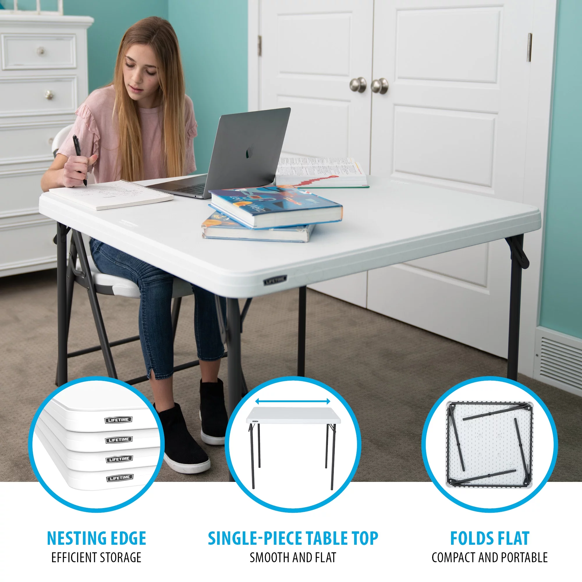 Lifetime 37 inch Square Folding Table, Indoor/Outdoor Commercial Grade, White Granite (80783)