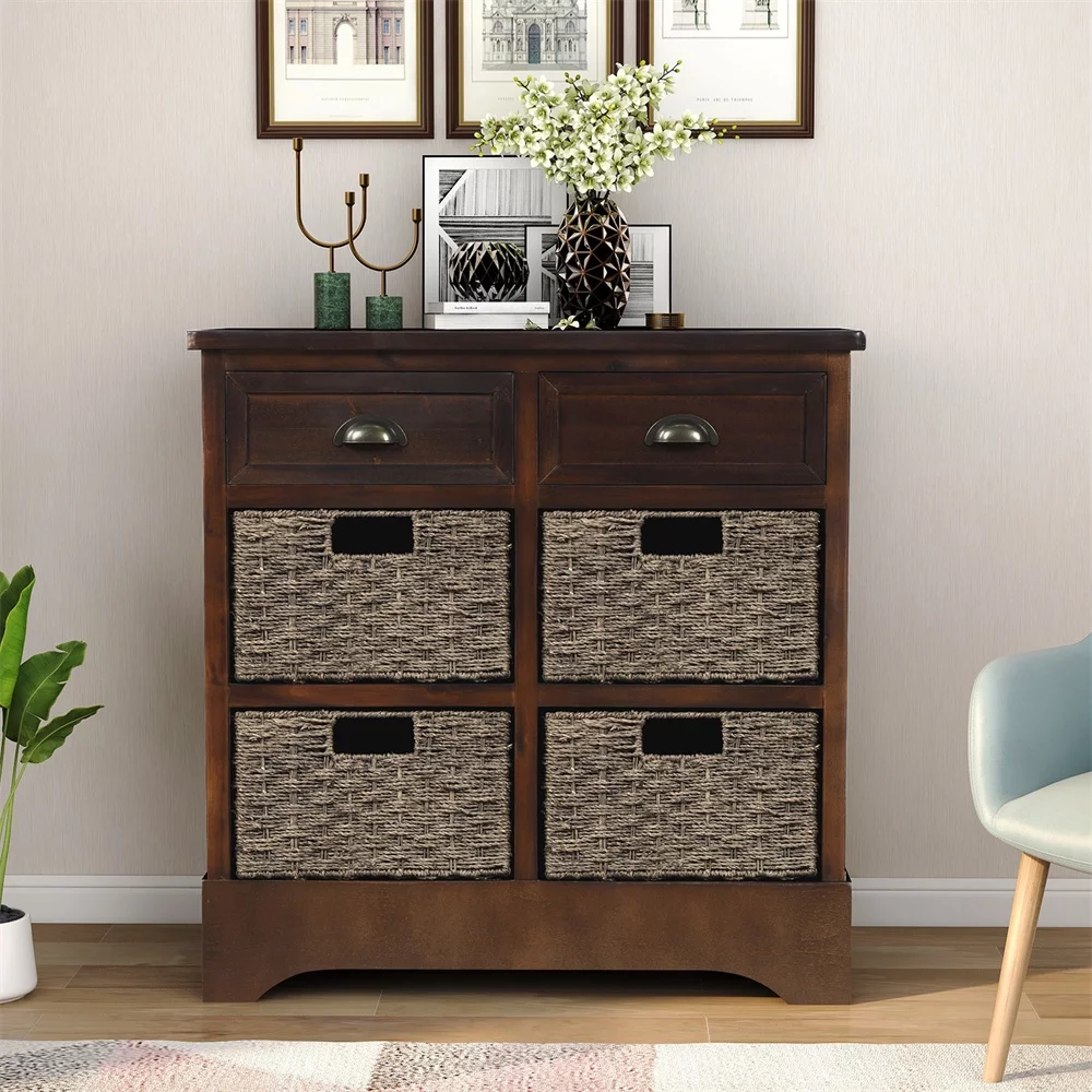 Rustic Storage Cabinet with 2 Drawers and 4 Wicker Baskets, Wood Console Table/Entryway Cabinet/Side Table for Living Room, Dining Room