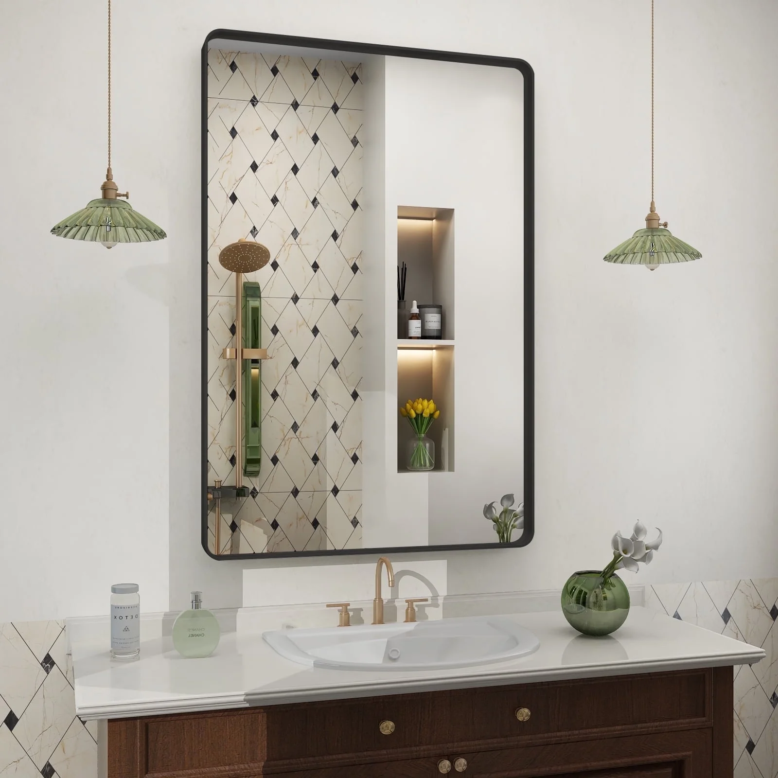 Apmir 36x24 inch Rectangular Wall Mirror Black Mirrors for Bathroom Vanity Mirror Tempered Glass - Radiant Selections