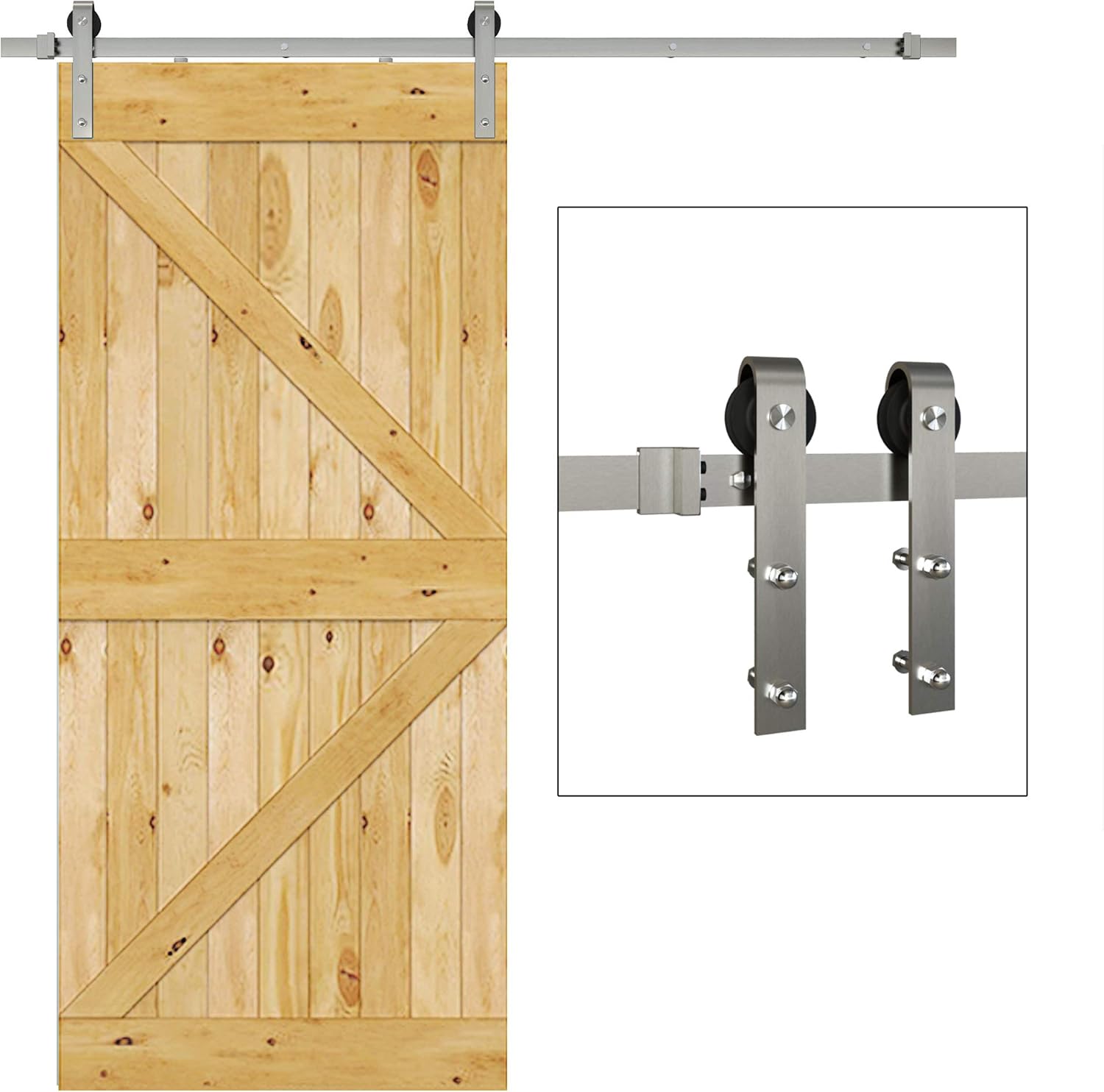 JUBEST Satin Nickel Sliding Barn Door Hardware Kit Smoothly and Quietly Hanger Roller Flat Track Kit J Shape Roller