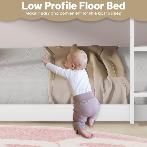 Bunk Bed Twin Over Twin, Wood Low Profile Floor Twin Bunk Beds with Ladder Guardrails for Kids Boys and Girls, No Box Spring Needed