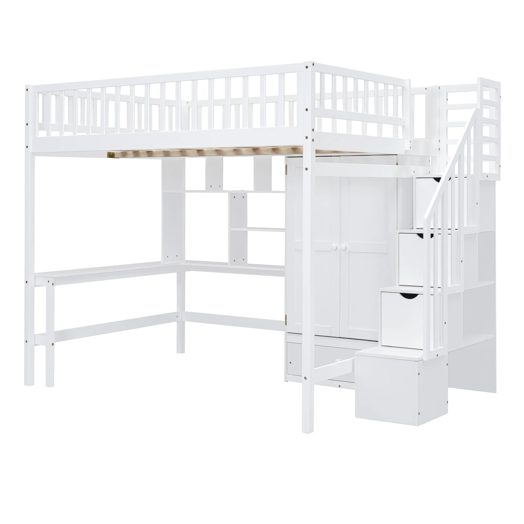 Churanty Full Loft Bed with Wardrobe Storage Space, Stairs Loft Bed with Desk and Shelves for Kids Boys Girls Teens,White - Radiant Selections