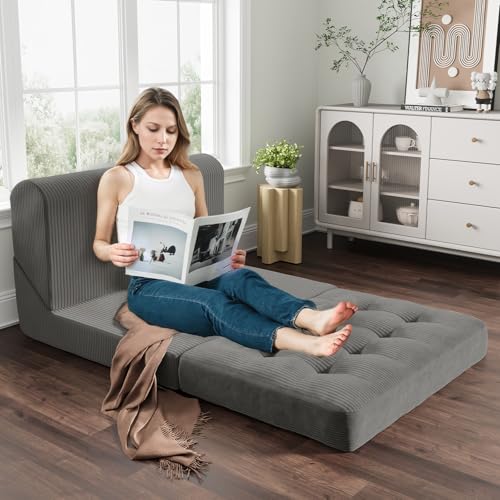 COMAX Folding Sofa Bed, Convertible Chair Bed Corduroy 3-in-1 Foldable Floor Couch with High-Density Foam, Futon Sofa Sleeper Mattress