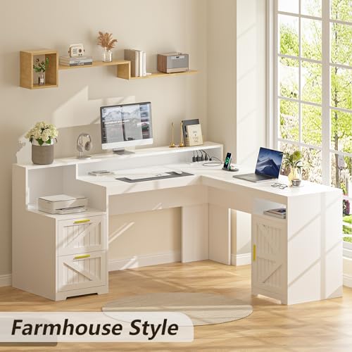63" Farmhouse L Shaped Executive Desk with Drawers & Storage Shelf, Corner Computer Desk with Power Outlets, L Shaped Office Desk with Monitor Stand