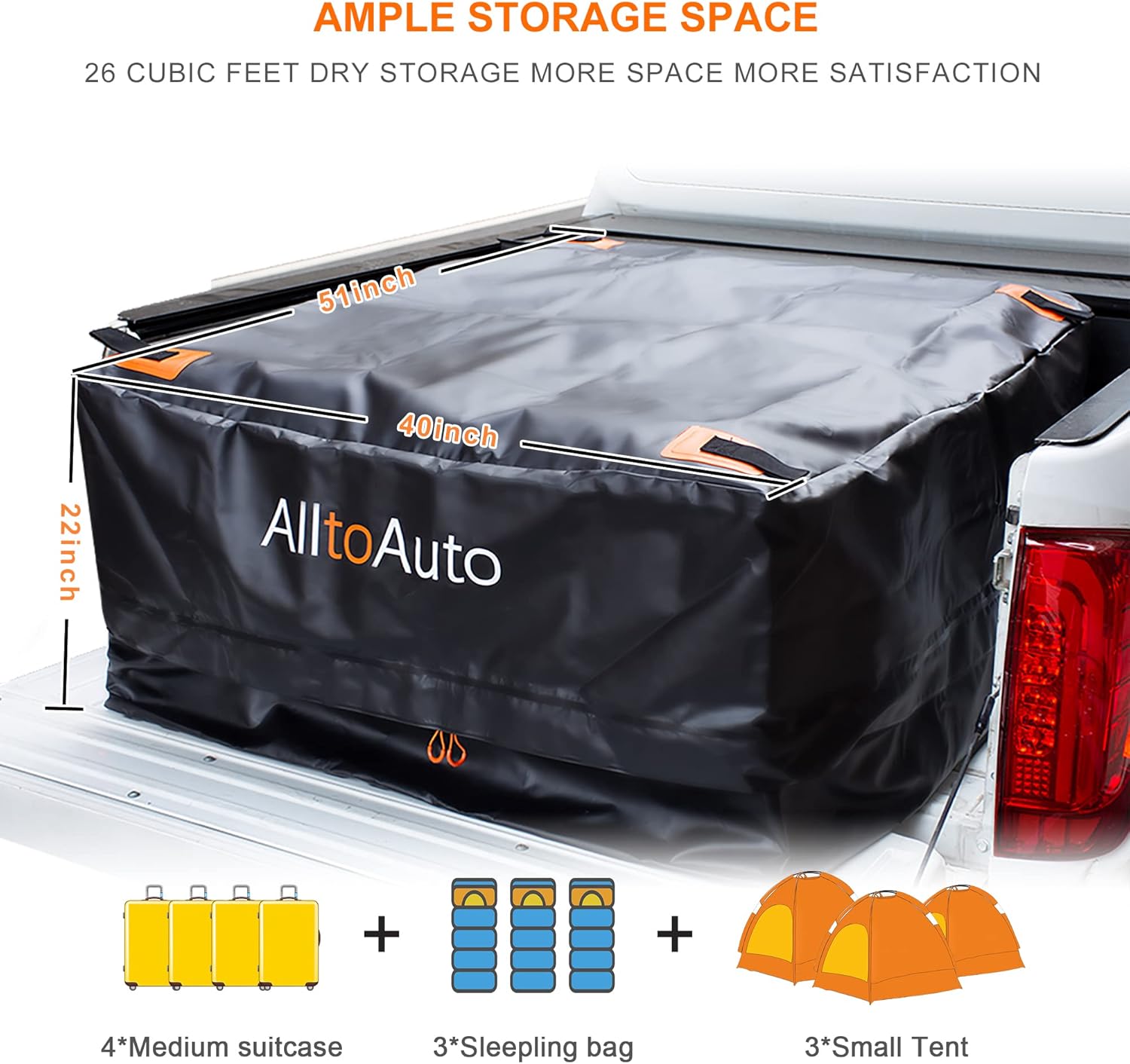 AlltoAuto Truck Bed Cargo Bag with Cargo Net, 100% Waterproof 600D Heavy Duty, Fits Any Truck Size（51''x40''x22''